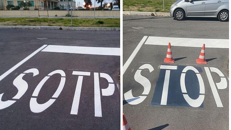 Road sign typo ‘sotps’ Italians in their tracks