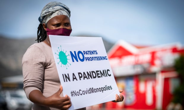 A woman takes part in a protest calling for big pharma to drop patents and other intellectual property protections to ensure there is equitable access to Covid vaccines. Photograph: EPA