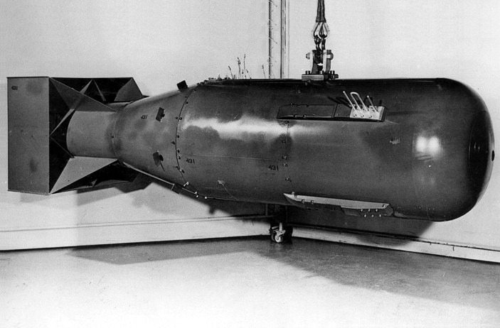 Photograph of a mock-up of the Little Boy nuclear weapon dropped on Hiroshima, Japan, in August 1945. This was the first photograph of the Little Boy bomb casing to ever be released by the U.S. gov