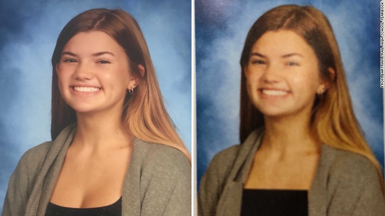 Freshman Riley O'Keefe's yearbook photo was edited to cover more of her chest. Dozens of other female students' images were also altered.
