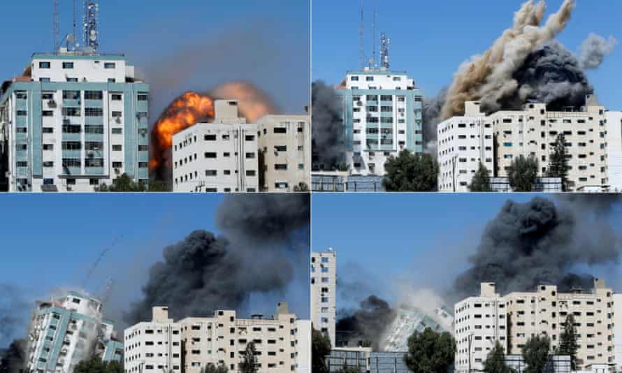 Combination picture shows the tower building housing AP and Al Jazeera offices collapsing. Photograph: Mohammed Salem/Reuters