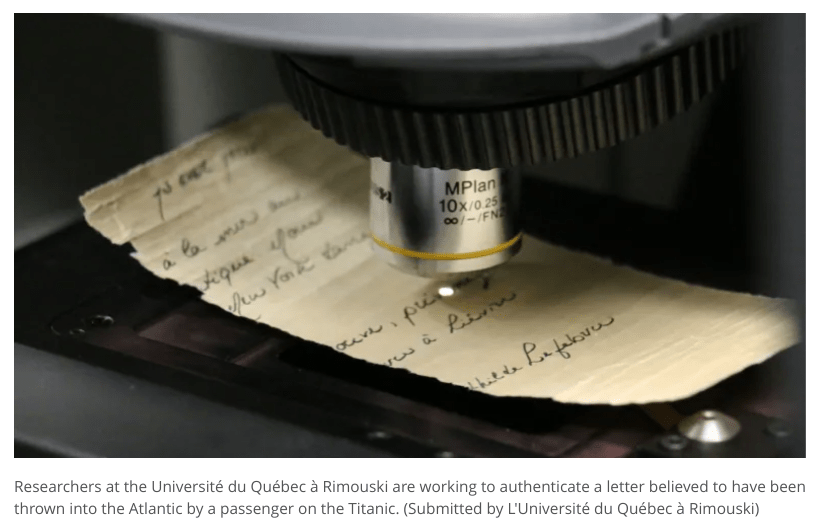 Researchers at the Université du Québec à Rimouski are working to authenticate a letter believed to have been thrown into the Atlantic by a passenger on the Titanic. (Submitted by L'Université du Québec à Rimouski)