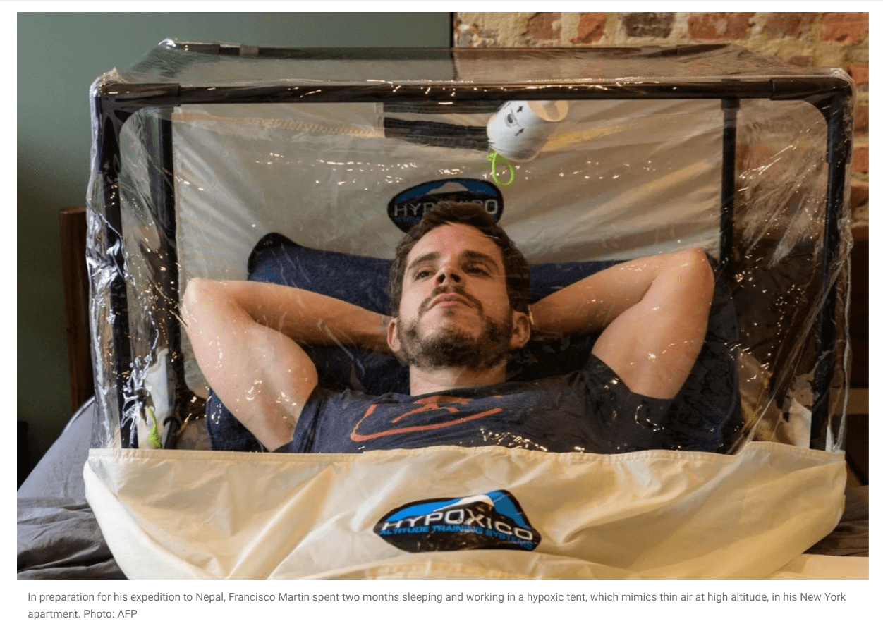 In preparation for his expedition to Nepal, Francisco Martin spent two months sleeping and working in a hypoxic tent, which mimics thin air at high altitude, in his New York apartment. Photo: AFP