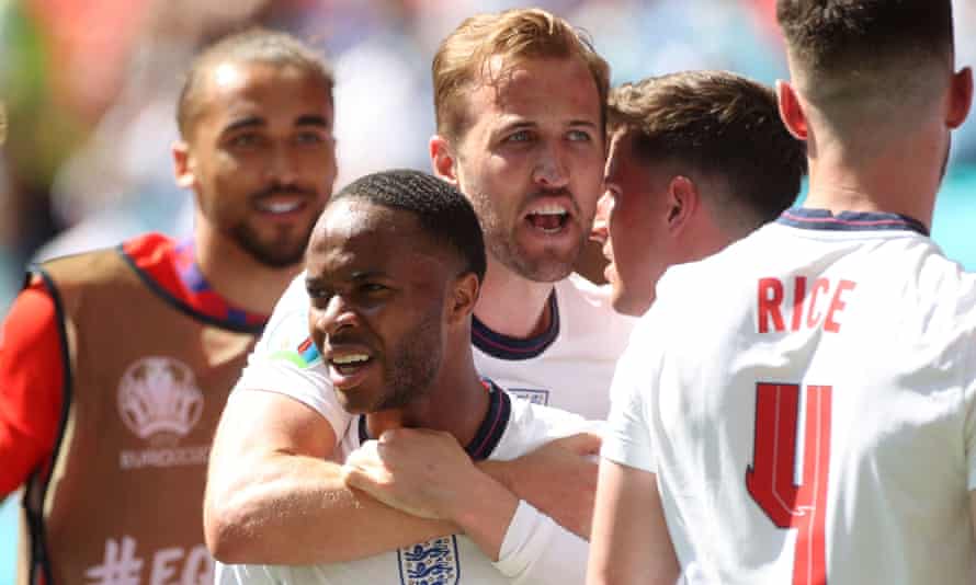 Harry Kane (centre) and Raheem Sterling (front) have been two of the main targets for abuse. Photograph: Carl Recine/Reuters