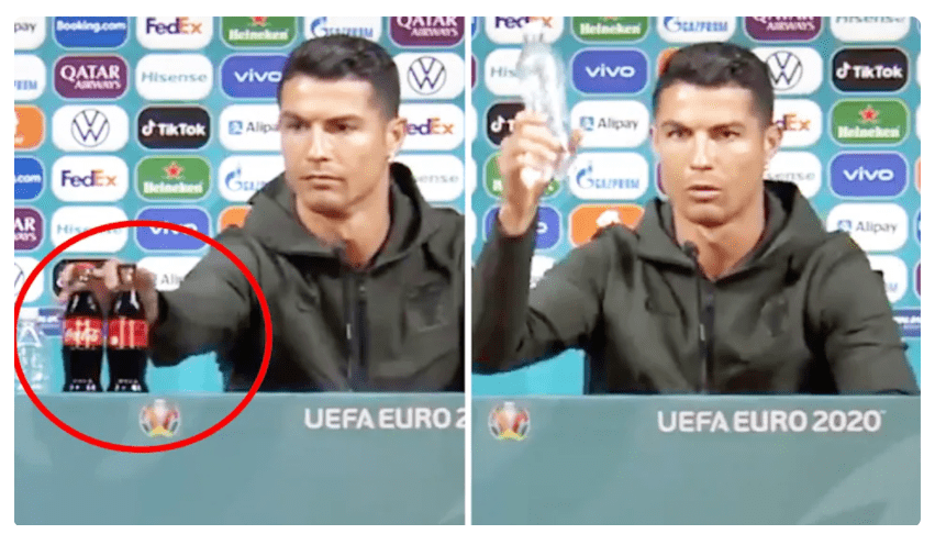 Cristiano Ronaldo (pictured left) removed the Coca Cola bottles from the press conference in front of him, before he claimed: 'Drink water'. (Images: Twitter)