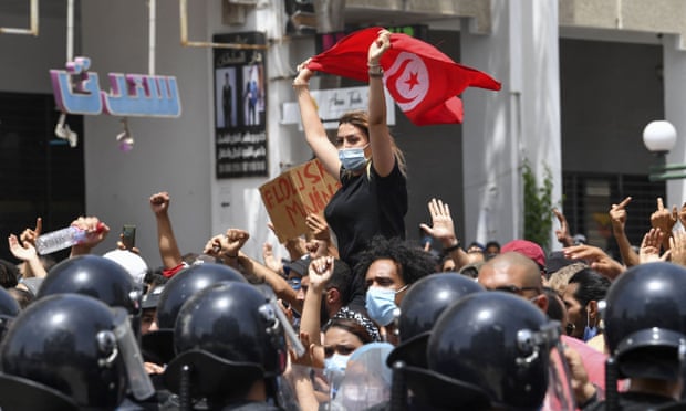 ‘Many Tunisians – or at least the ones in the streets in the last few days – seem to have a more ambivalent relationship with democracy.’ Anti-government protests in Tunis, 25 July 2021. Photograph: Fethi Belaid/AFP/Getty Images