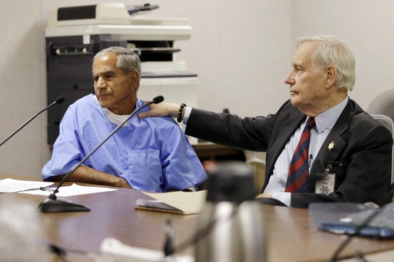 Sirhan Sirhan, left, reacts alongside his attorney William Pepper, as he is denied parole, at the Richard J. Donovan Correctional Facility in San Diego, 10 February 2016. Gregory BullAP Photo