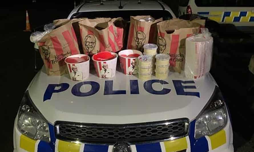 New Zealand police found three buckets of KFC chicken and an undisclosed quantity of fries when they arrested two men trying to cross into Auckland despite city's strict lockdown. Photograph: New Zealand Police