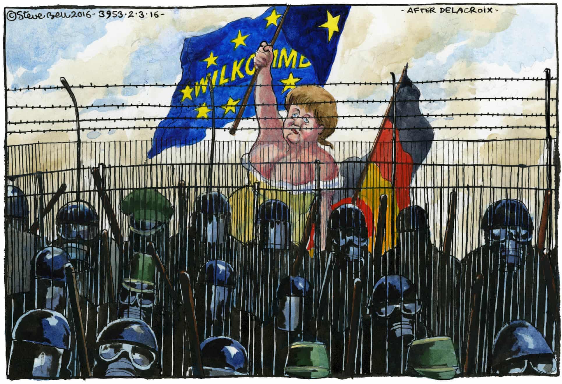 'Instead of closing the borders, in 2015- 16 Merkel offered to receive one million new migrants.' Illustration: Steve Bell/The Guardian