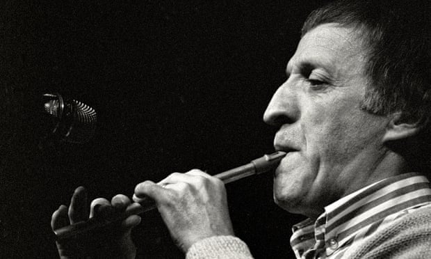 Paddy Moloney playing the tin whistle with the Chieftains in Cheyenne, Wyoming, in 1988. Photograph: Mark Junge/Getty Images