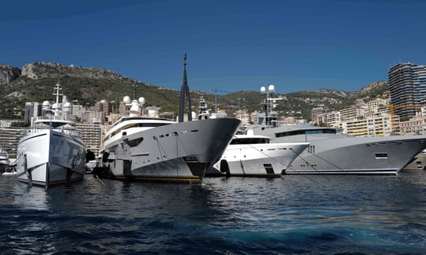 A superyacht, kept on permanent standby, as some billionaires’ boats are, generates around 7,000 tonnes of CO2 a year.’ Photograph: Valéry Hache/AFP/Getty Images
