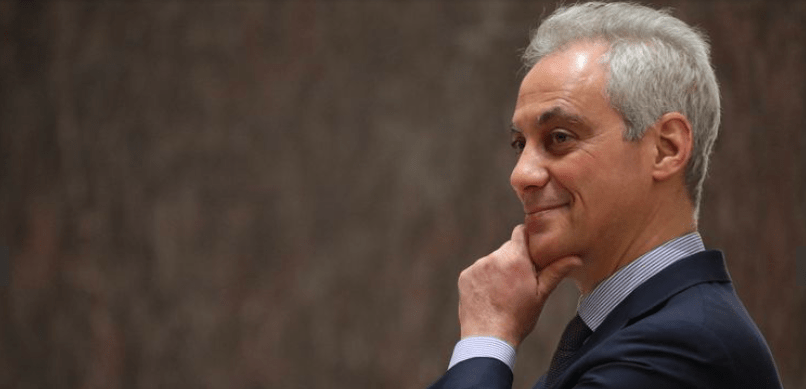 Chicago Mayor Rahm Emanuel reacts to aldermanic speeches in his honor during a city council meeting on April 10, 2019. (Antonio Perez/Chicago Tribune)