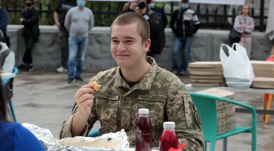 both foreign-owned and domestic restaurants and fast-food outlets have been feeding the country's troops for free as they defend it from the Russian invasion. (Photo by Hennadii Minchenko/ Ukrinform/Barcroft Media via Getty Images)