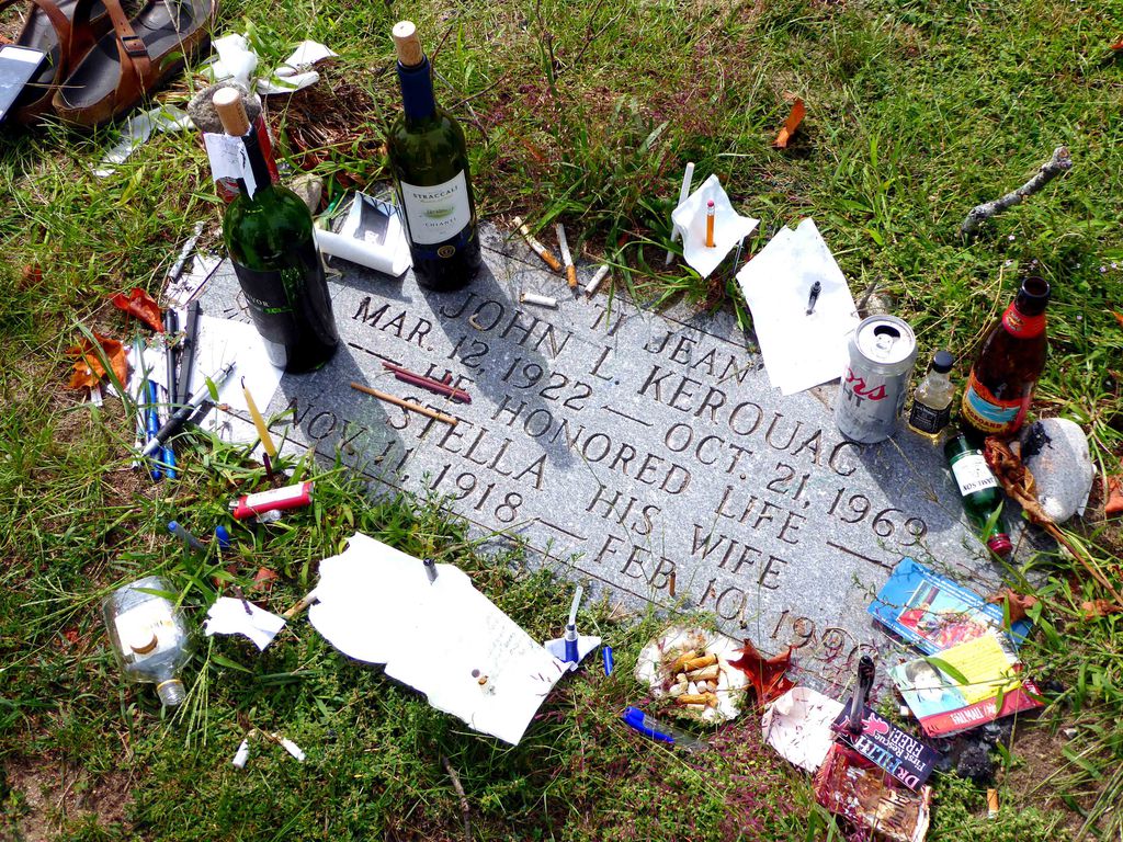 Fans leave tokens at Jack Kerouac’s gravesite in Lowell’s Edson Cemetery.PATRICIA HARRIS FOR THE BOSTON GLOBE/PATRICIA HARRIS