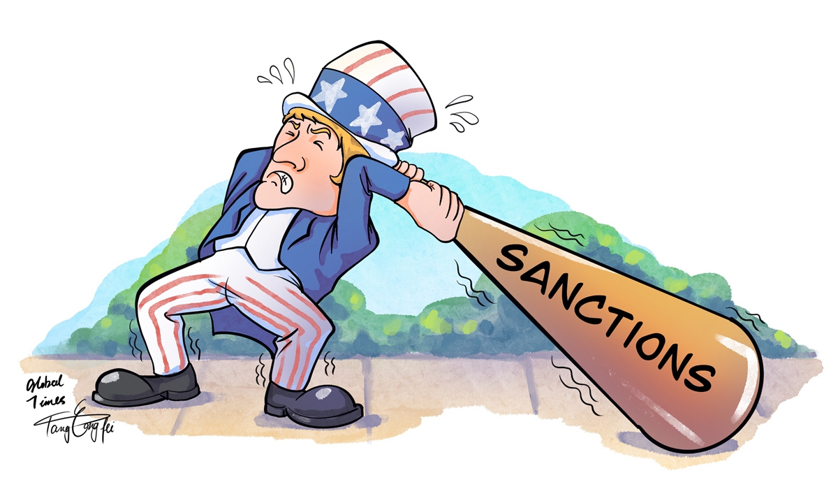 Image of President Trump holding a baseball bad named sanctions