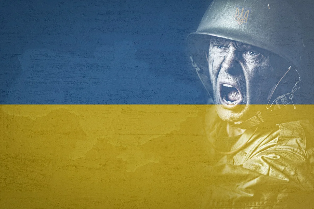 Pixel bay Ukraine flag with soldier