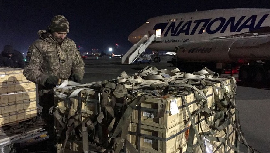 Military aid, delivered as part of the United States' security assistance to Ukraine, is unloaded from a plane at the Boryspil International Airport outside Kyiv, Ukraine February 13, 2022. REUTERS/Serhiy Takhmazov