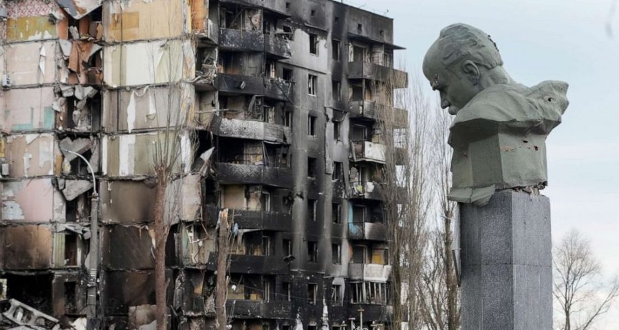 Efrem Lukatsky/AP A monument to Taras Shevchenko, a Ukrainian poet and a national symbol, showing damage from bullets, stands against the background of an apartment house ruined in the Russian shelling in the central square in Borodyanka, Ukraine, April 6, 2022.